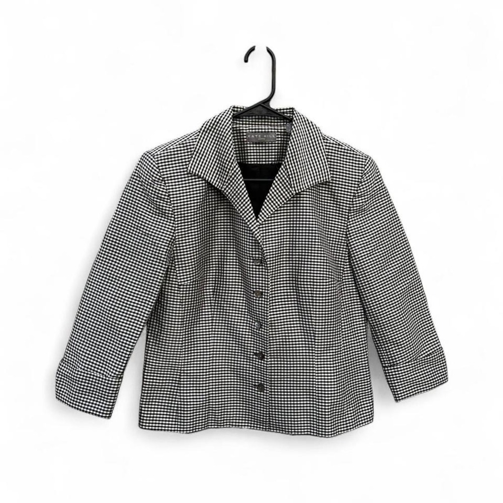 Kate Hill Black & White Checkered Blazer 100% Silk 12P Quiet Luxury Office
